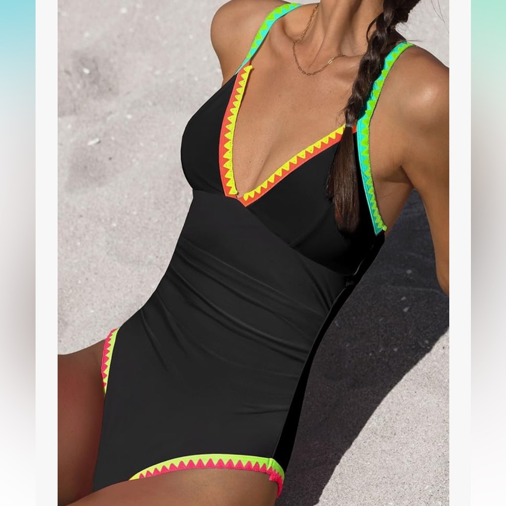 Elegant Black One Piece Swimsuit with Neon Highlights